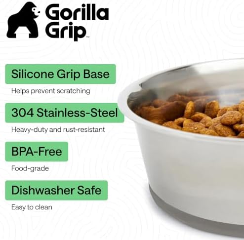 GORILLA GRIP Dog Bowls, Food Grade Stainless Steel, Set of 2, 8 Cup, Gray