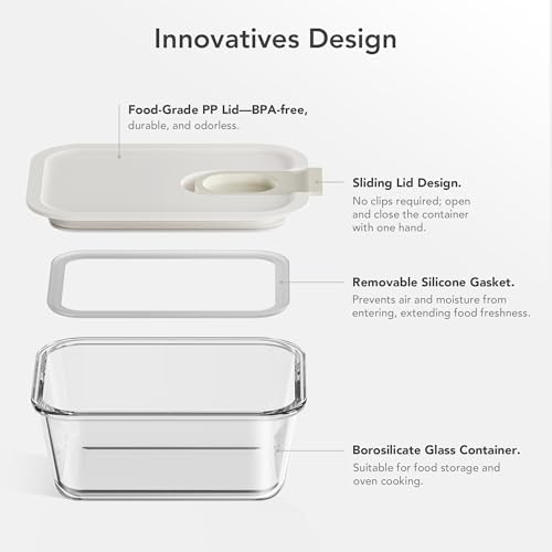 GENICOOK 4 Pack Glass Meal Prep Containers with One-Hand Slid BPA Free