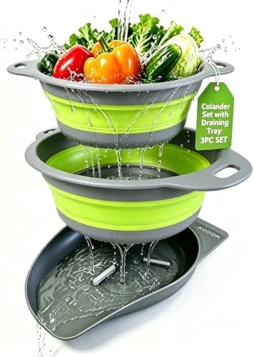 AUOON Collapsible Colander Set (3QT + 4QT) with Draining Base, Gray+Green