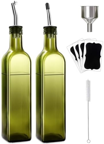 Leaflai 2 Pcs Green Glass Olive Oil Dispenser and Vinegar Dispenser Set with 2 Stainless Steel Pourers, 4 Labels, 1 Brush, 1 Funnel (500ml) for Kitchen, Cooking, Salad Dressing, Barbecue, Mixing