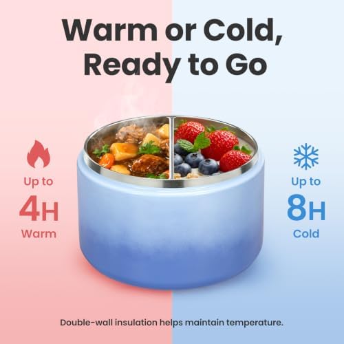 Pawtong 12oz Insulated Vacuum Food Jar with Buckle Lid Wide Mouth Soup Thermo for Hot Food Kids Leakproof Stainless Steel Lunch Container (Gradient Blue, 12OZ)