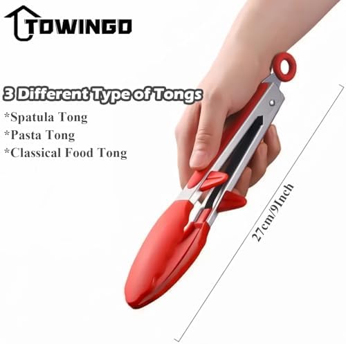 9" Kitchen Tongs for cooking with Silicone Tips, 3Pcs Serving Tongs, Red
