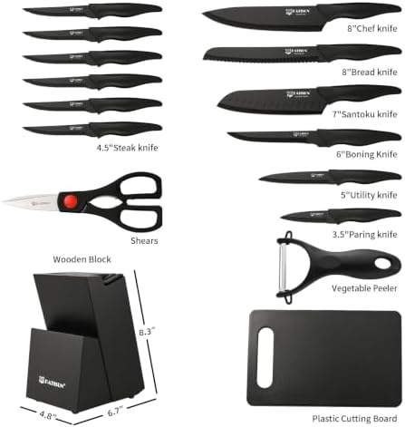 17-Piece Black German Steel Kitchen Knife Block Set