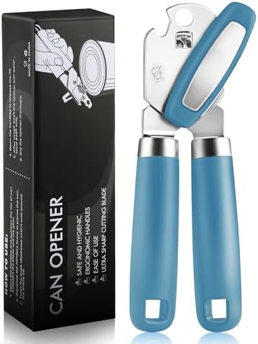 Multifunctional Can Opener Manual, Durable Heavy Duty Handheld Strong Can Opener with Smooth Cutting Edge, Friendly Kitchen Essentials Tool for Seniors, Camping and Bottle Opening-Blue