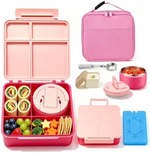 Bento Lunch Box with 8oz Soup Thermo,Kids Leakproof 4 Compartment Lunch Food Containers with Sauce Cup and Ice Pack,Kids Thermo Insulated Hot Food Jar and Lunch Bag for School,Trvael-Pink