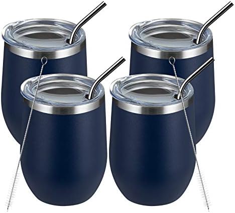 MEWAY 12oz/4 Pack Wine Tumbler Glasses with Lid - Stemless Double Wall Vacuum Stainless Steel Travel Tumbler - Keeping Cold & Hot for Wine,Coffee,Cocktails,Drinks-Family and Gifts (Navy,Set of 4)