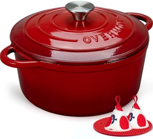 Overmont Enameled Cast Iron Dutch Oven - 7QT Pot with Lid Cookbook & Cotton Potholders - Heavy-Duty Cookware for Braising, Stews, Roasting, Sourdough Baking red