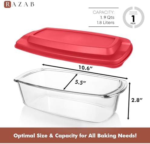 Razab 7.6 Cups / 1800 Ml / 1.9 Qt Glass Meatloaf Baking Pans with Lids