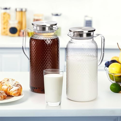 Nicunom 2 Pack Plastic Pitcher 68 Oz, Clear Pitcher with Lid, Water Jug for Fridge, BPA-Free, Ice Tea Pitchers for Juice, Sangria, Lemonade, Milk, Coffee, Cold or Hot Beverages