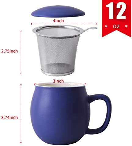 Yundu 12 OZ Matte Deep Purple Ceramics Teacup with Infuser and Lid, Mug with Lid for Steeping - Stainless Steel Infuser for Loose Leaf Tea, Home Office Gift for Tea Lovers