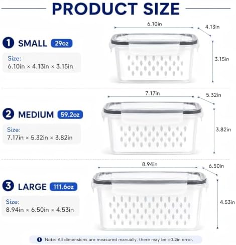 3 Pcs Fruit Storage Containers for Fridge, Produce Storage Containers with Removable Colander Basket & Airtight Lid, BPA-free food storage containers, for Fruits, Vegetables & Meat Grey