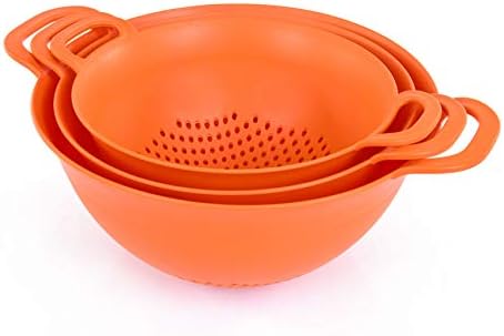 Mintra Home Plastic Strainer Colanders Set: 3, 3.5 and 5 Quart (Orange) Double Strong Handles and Deep Bowl, Safe BPA-Free - Use for Pasta, Noodles, Spaghetti, Vegetables (Assorted Sizes 3pk)