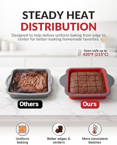 Boxiki Kitchen Non-Stick Silicone 8x8 Square Cake and Brownie Pan with Easy Grip Steel Frame Handles - Easy to Release, Oven & Dishwasher Safe