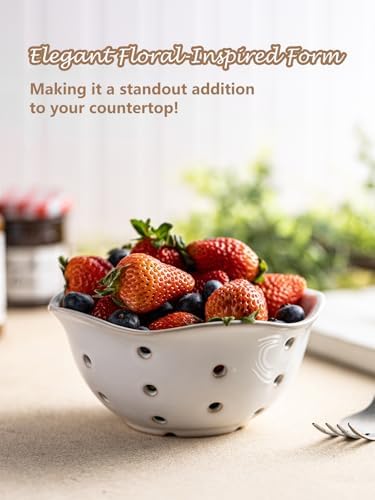 Gomakren Ceramic Berry Basket Set of 2, Floral Fruit Bowl with Holes, White