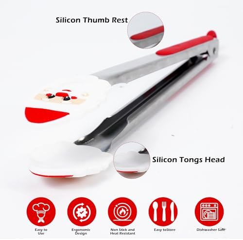 Kitchen Tongs, Food-Grade Silicone Tips with Christmas Design