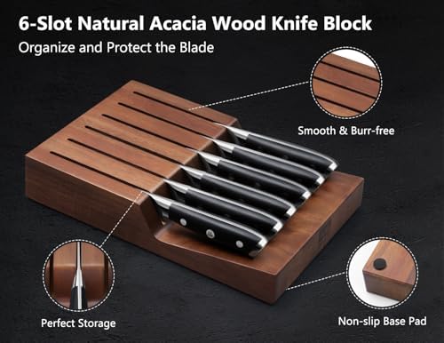 SHAN ZU Steak Knife of 7, 4.5 Inch Damascus Steak Knife Set with Block