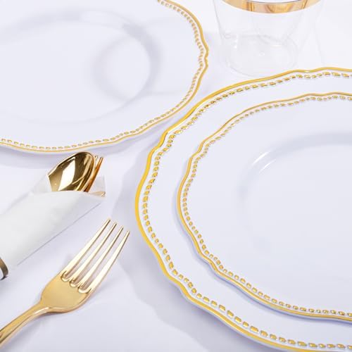 Hioasis 175 Pcs White and Gold Plastic Plates Wedding & Party