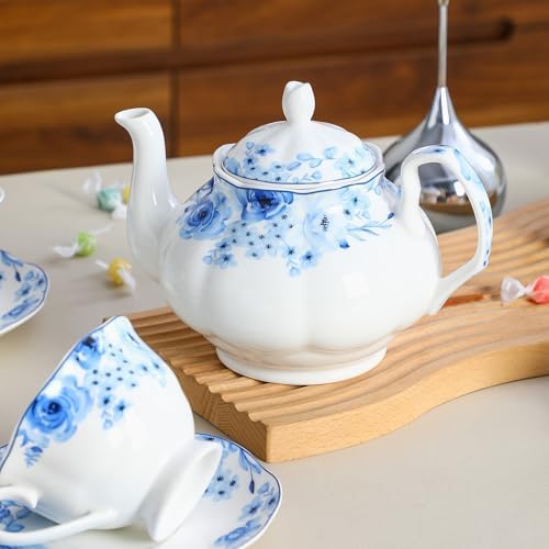 27oz Porcelain Blue Rose Teapot, Classic Gift for Tea
