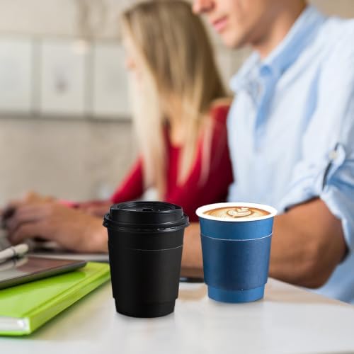 SIUQ 100 Pack 8 oz Disposable Paper Coffee Cups with Lids, Black & Blue