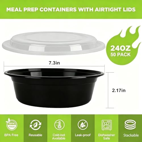 WGCC Meal Prep Containers, 50Pack 24oz Round To Go Bowls with Lids