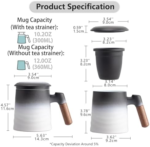 ZENS Tea Mug with Infuser and Lid for Loose Leaf Tea Steeper, 12oz White