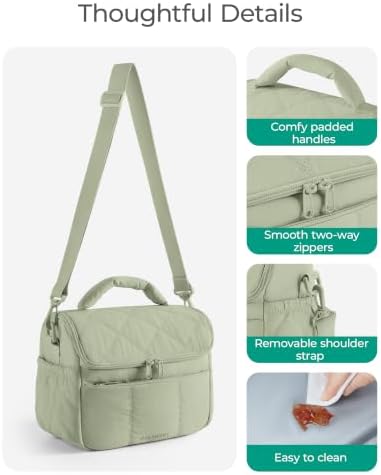 BAGSMART Insulated Lunch Bags for Women, Cute Quilted Lunch Box, Sage Green