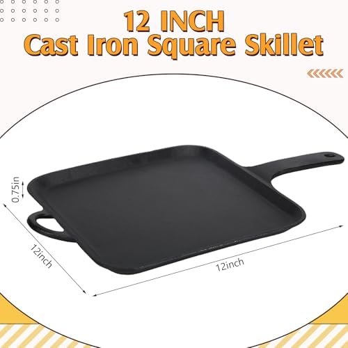 12 Inch Cast Iron Square Griddle, Seasoned Skillets with Ring Handle, Heat Resistant Griddle for Pancakes, Eggs, Steak, Durable Griddles for Stove Top Oven Safe for Kitchen Cooking