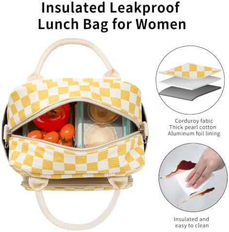 Lunch Bag Women Lunch Box for Women Adult Cute Insulated Lunch Bag Lager Cooler Lunch Tote Bags for Work Picnic (Beige-Yellow Plaid)