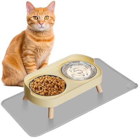 Elevated Cat Bowl with Food Mat, Raised Cat Food and Water Bowl Set for Indoor Cats, Splash Proof with 2 Stainless Steel Pet Food Bowls for Cat and Puppies,Whisker Fatigue and Dishwasher Safe (Yellow)