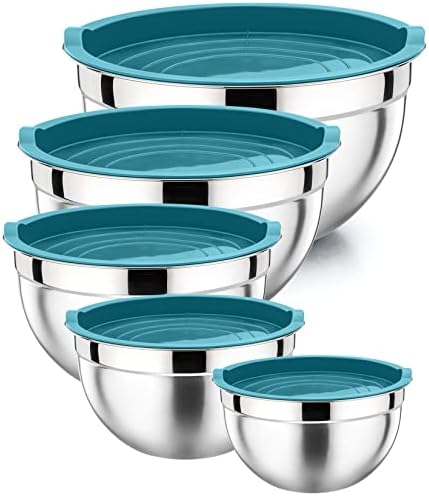 P&P CHEF Metal Mixing Bowls with Lids Set, Airtight Lids & Blue