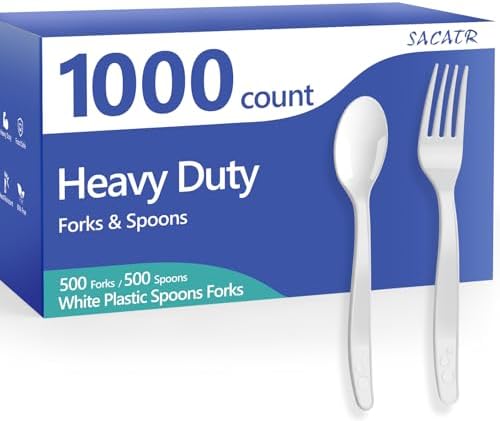 SACATR 1000 Count White Plastic Silverware Heavy Duty -Forks,Spoons