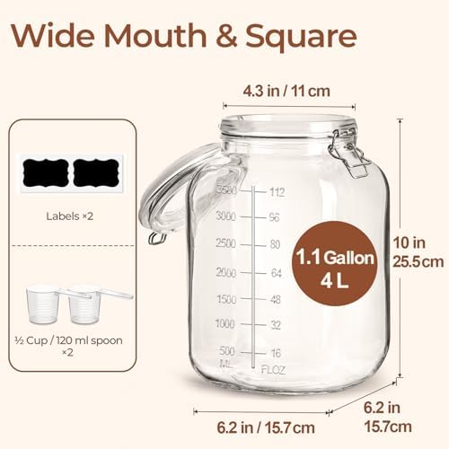 ComSaf Large Square Glass Food Jars 1.1 Gallon 2 Pack for Flour Sugar Rice
