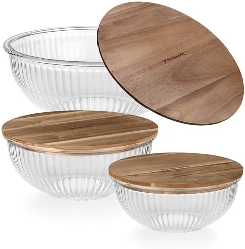 Stackable Glass Mixing Bowls with Acacia Lids Set of 3