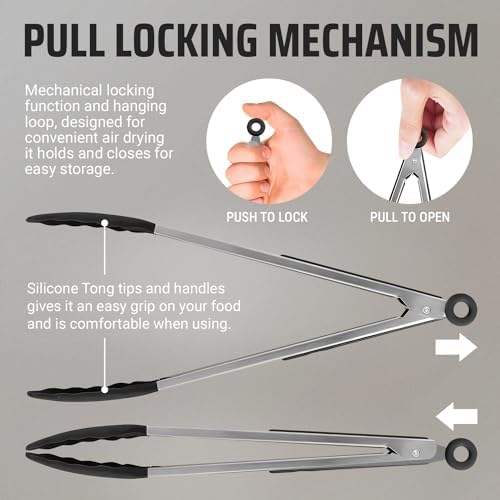 Kaluns Kitchen Tongs for Cooking Grilling Set of 4, BBQ Grill Tongs With Silicone Tip Stainless Steel Heat Resistant, Non-stick Pull Lock, Incl 7, 9, 12 Inch Tong Plus a Silicone Spatula