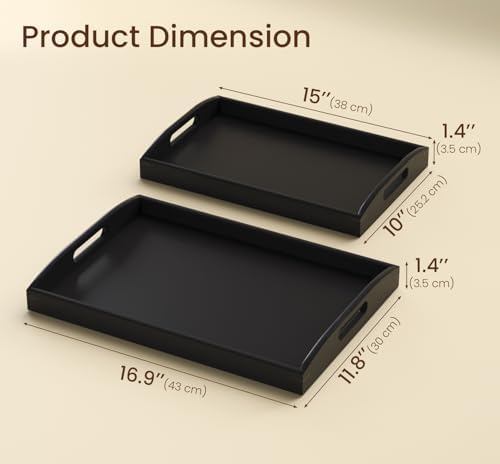 Bamboo Set of 2 Serving Trays with Handles Decorative Tray(Black)