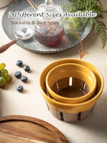Gomakren Ceramic Berry Bowls with Holes Set of 2 for Fridge Yellow + Brown