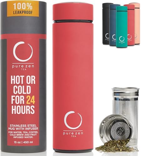 Pure Zen Tea Insulated Tea Infuser Bottle, 15 oz, Tea Thermos with Infuser