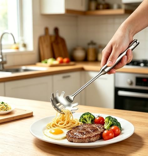 Stainless Steel Pasta Server and Cooking Spoon, Large Soup Ladle, Spaghetti Server with Teeth & Draining Holes, Dishwasher Safe Utensil for Everyday Use