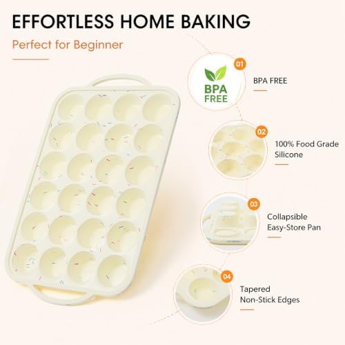 CAKETIME Mini Muffin Pan, Metal Reinforced Frame Mini Cupcake Pans 24 Cups Nonstick Muffin Silicone Molds with Handle for Baking Muffins, Cupcakes, Egg Bites 2 Pack
