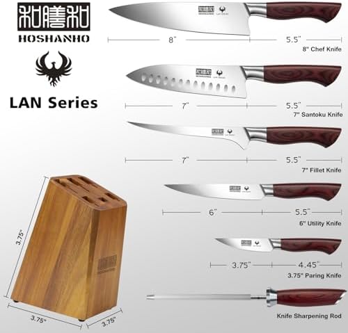 HOSHANHO 7PCS Kitchen Knife Set with Block, Sharp Chef Knives & Sharpener