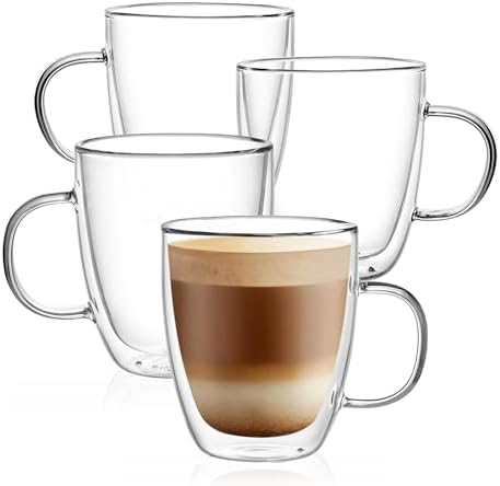 CNGLASS Glass Coffee Mugs 12oz,Double Walled Insulated Cappuccino Mug with Handle,Clear Espresso Cups for Cappuccino,Latte,Tea Bags,Hot and Cold Beverages,Set of 4