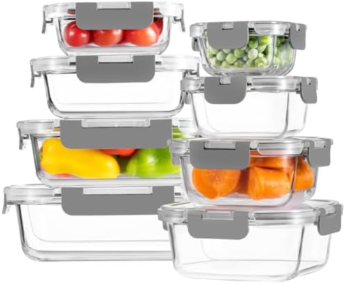 8 Pack Glass Food Storage Containers with Snap Locking Lids for Meal Prep