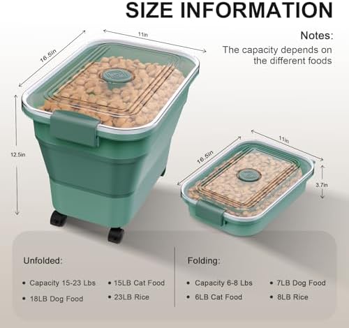 Dog Food Storage Container, 15-23 Lbs Collapsible Dog Food Container with Transparent Airtight Lid, Wheels and Scoop, Travel Pet Food Storage Container for Cat, Dog and Bird, Keep Dry Food Fresh