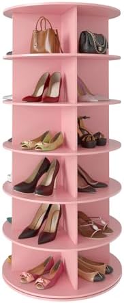 SpaceAid 6 Tier Rotating Shoe Rack Tower, Spinning Shoe Display Lazy Susan, Revolving 360 Shoe Rack Storage Round Carousel, Vertical Handbag Rotate Shoes Closet Organization (6-Tier Pink)