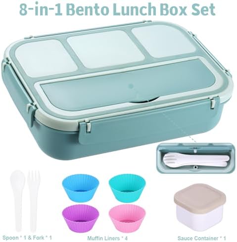 shell and turtle Bento Box Adult Lunch Box, Lunch Containers for Kids Girls Boys with 4 Compartments, Lunchable Food Container with Utensils, Sauce Jar, Muffin Liners, 40 Oz/5 Cup, Light Teal