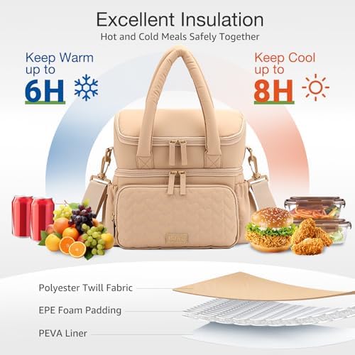 Double Deck Lunch Bag for Women, Camel-M