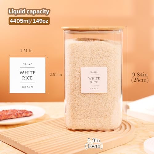 CZZGSM 2 Pack Square Glass Flour and Sugar Containers with 132 Kitchen Pantry Labels - Thicken 149 FL OZ Large Glass Storage Jars with Airtight Bamboo Lid - Big Food Canisters for Rice, Pasta, Cookie