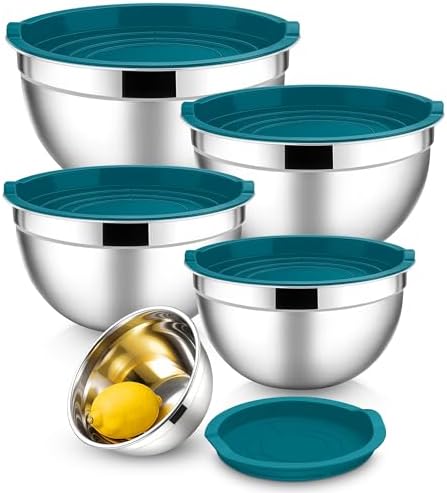 E-far Mixing Bowls with Lids Set, Stainless Steel Cooking Salad Bowls, Blue