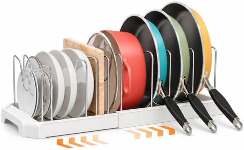 1 Pack Expandable Pots and Pans Organizer Under Cabinet, 13-22" Kitchen Cabinet Organizer with 10 Adjustable Dividers and 10Pcs Pot Protectors for Lids, Baking Sheets & Cookware (1, White)