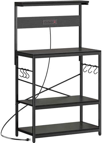SUPERJARE Bakers Rack with Power Outlets, Microwave Stand, 31.5 X 16.5 Inch Larger Desktop, Kitchen Storage Rack with Adjustable Middle Shelf, 6 S-Shaped Hooks, Coffee Bar Stand, Black